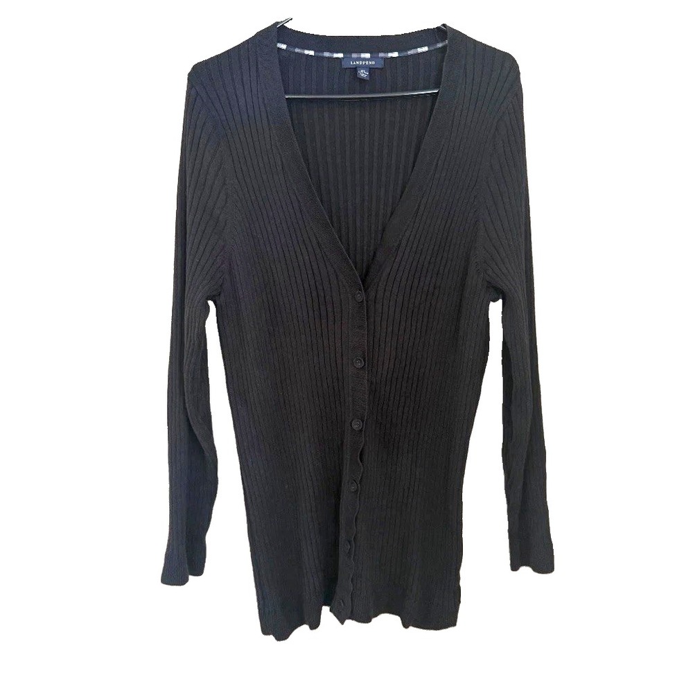 Lands End Black Ribbed Button Cardigan Size 3X Cotton Preppy Office Minimalist